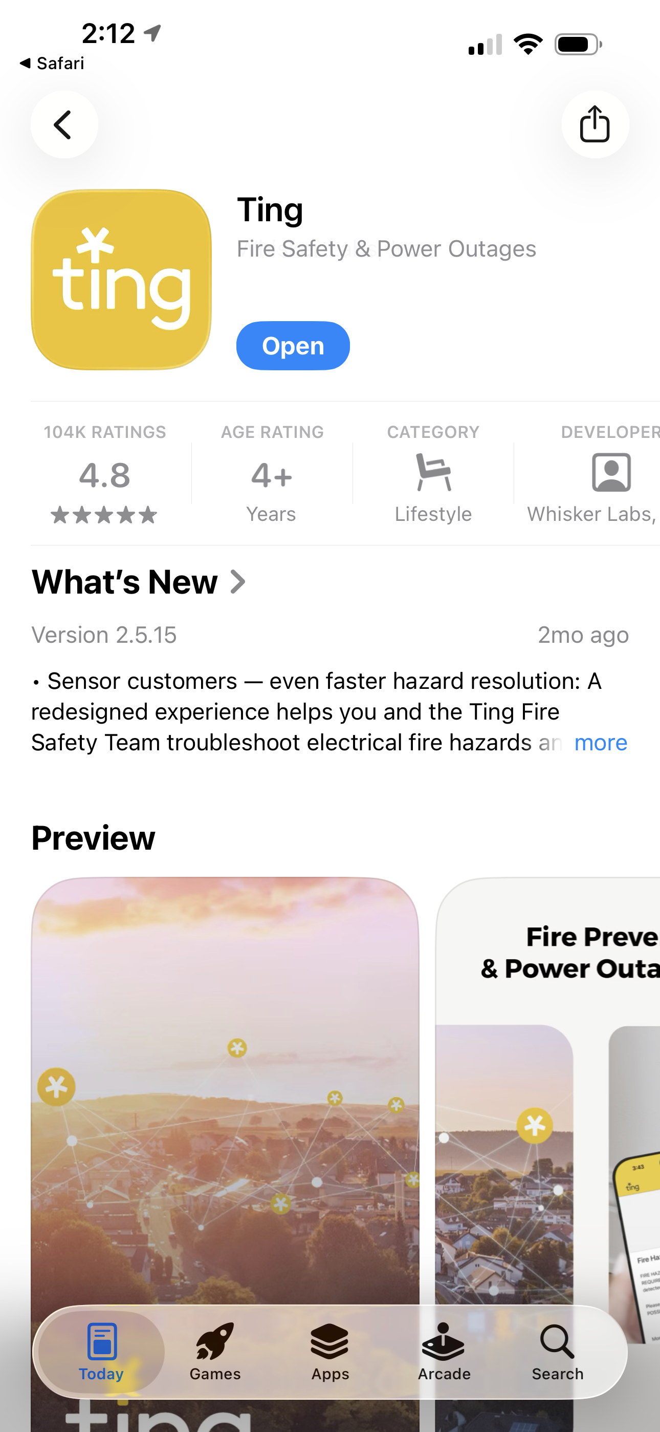 Ting app store listing reached from the QR code