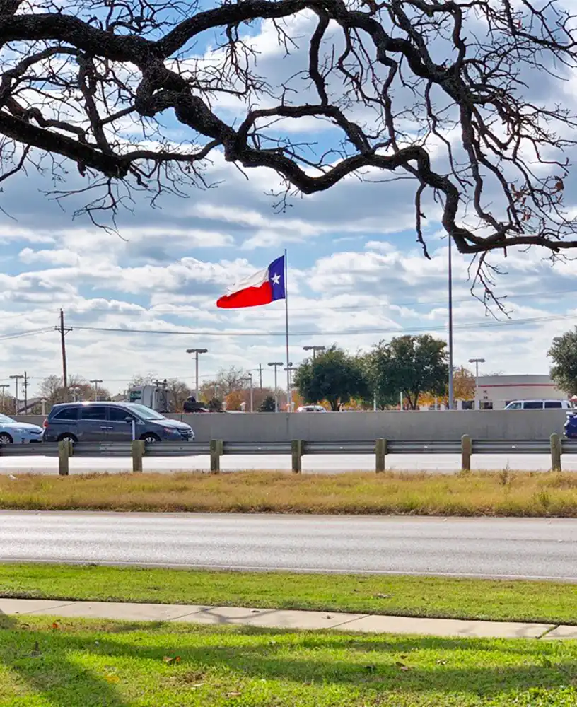 A picture of a huge Texas State Flag next to the highway under a tree